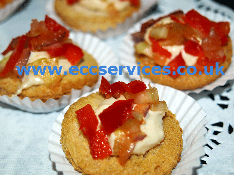 photo of our red pepper and hummus crostini